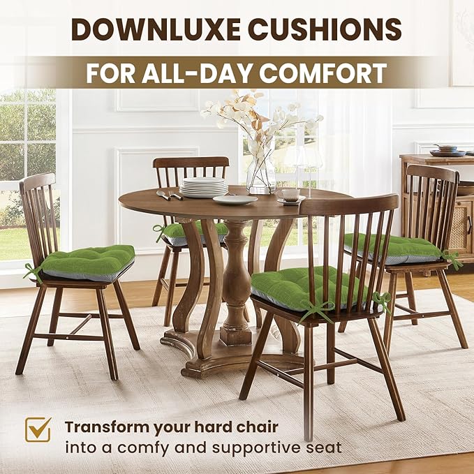 downluxe Indoor Chair Cushions for Dining Chairs, Tufted Overstuffed Textured Kitchen Chair Pads with Ties and Non-Slip Backing, 15.5" x 15.5" x 4", Grass Green, 4 Pack