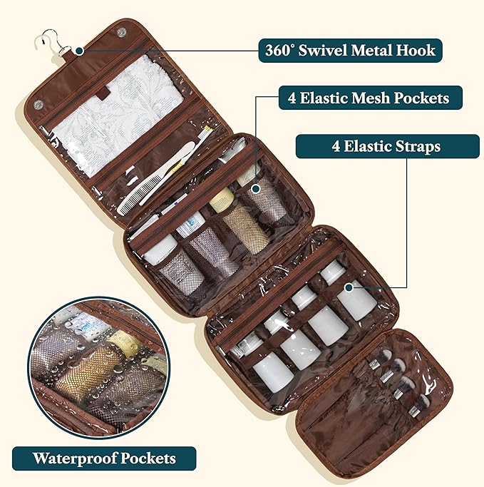 PAVILIA Hanging Toiletry Bag Women Men, Foldable Cosmetic Organizer Travel Bag, Water Resistant Makeup Bag Toiletries, Large Travel Essentials Kit (Dark Brown)