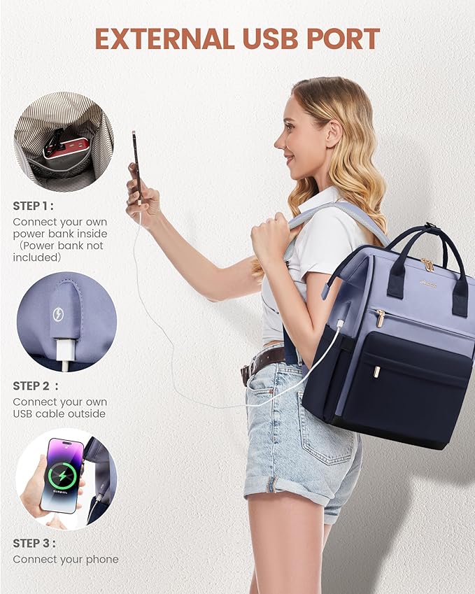 LOVEVOOK Laptop Backpack for Women 15.6 Inch, Travel Backpack with USB Charging Port Large Capacity Laptop Bag, Waterproof Bag for Business College Airline Approved Work Backpack(Grey Navy)