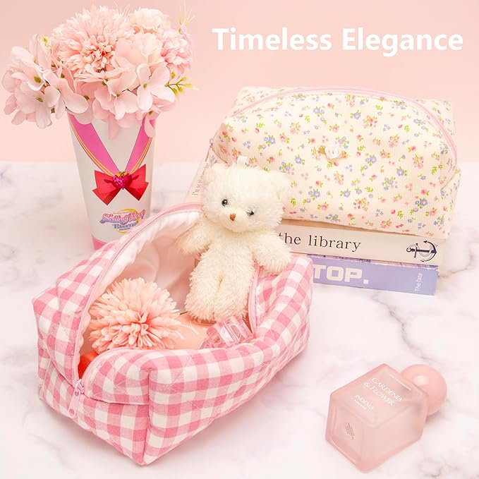 PAZIMIIK Cozy Makeup Bag Travel Cosmetic Bag for Women Soft Toiletry Bag Aesthetic Makeup Organizer Portable Large Zipper Pouch for Skincare Beauty Accessories Brushes Pink Checkered