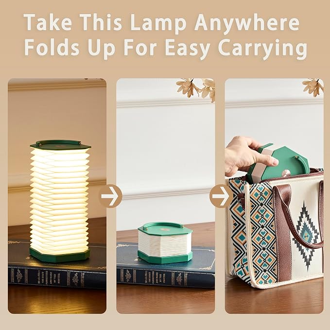 Uniwolk Paper Lamp House Warming Gifts, Portable Cordless Foldable Small Bedside Lamp, Retro Green Accordion Desk Lamp, Paper Lantern Lights 1200mAh, Japanese Gifts Collapsible Pleated Wireless lamp