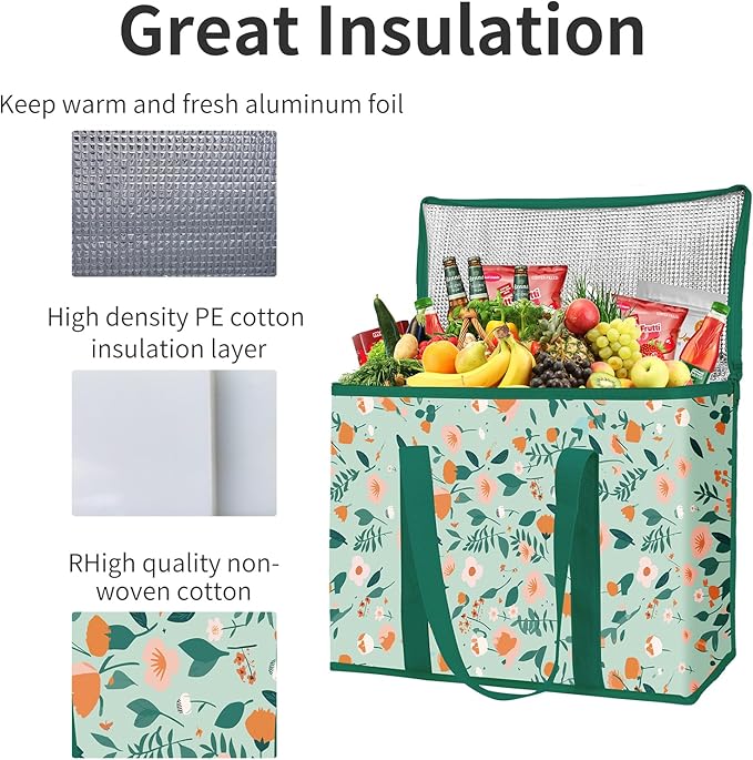 musbus 2-Pack extra Insulated Grocery shopping bag, large Green leaf, kitchen foldable reusable bags groceries,Sturdy zipper,Collapsible,tote,cooler,for transport women,Durable carrier