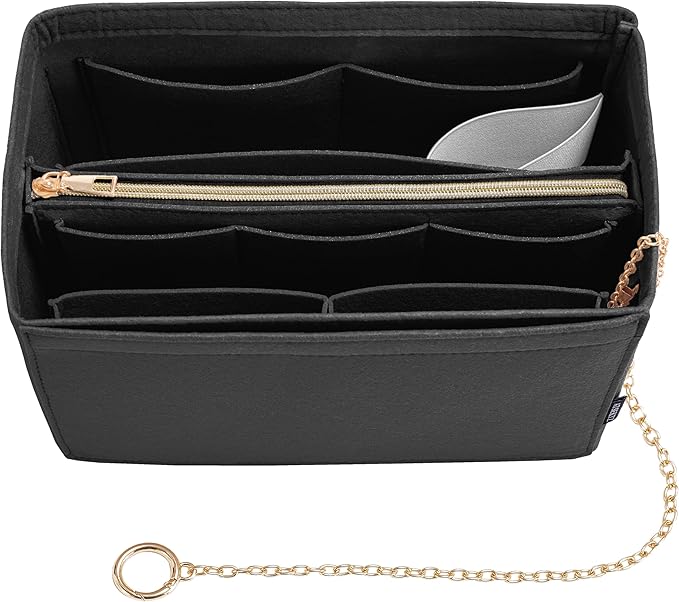 Purse Organizer Insert, Handbag Organizer with Zipper, Tote Shaper with Cup Holder & Keychain, Compatible with LV, Neverfull, MK, COACH, Longchamp, Kate Spade – Black Med