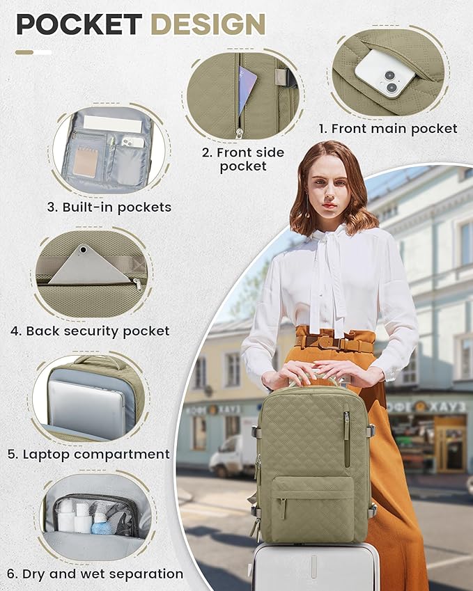 VECAVE Vacuum Travel Backpack with Pump for Women,Personal Item Carry on Backpacks Flight Approved 18x14x8 inches for Men,Laptop Waterproof Work Compression bags Casual Daypack Khaki.