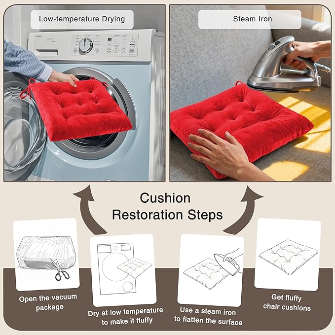 OVOV 4 Pack Chair Cushions for Dining Chairs Soft Seat Cushions for Kitchen Desk Chairs Square Chair Pads with Ties (15.5"x15.5" Red)