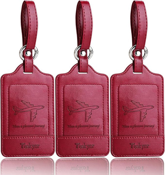 Teskyer Luggage Tags, 3 Pack Premium PU Leather Luggage Tags Privacy Protection Travel Bag Labels Suitcase Tags