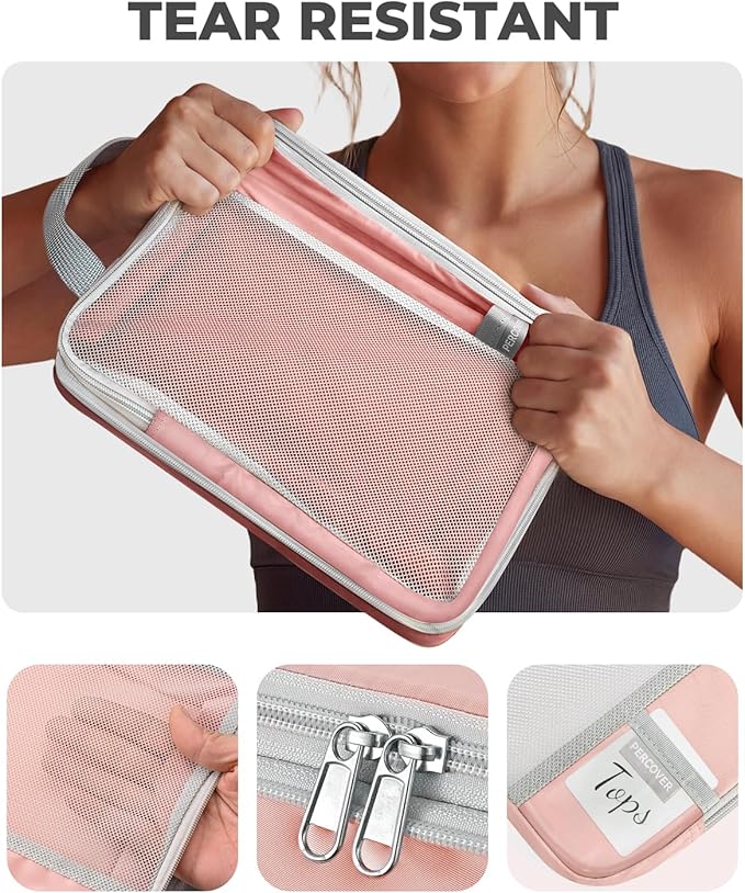Percover Compression Packing Cubes 10-Piece Set, Packing Cubes Compression for Travel with Toiletry Bag, Laundry Bag & Shoe Bag, All-in-One Travel Organizer for Carry On & Checked Luggage, Pink
