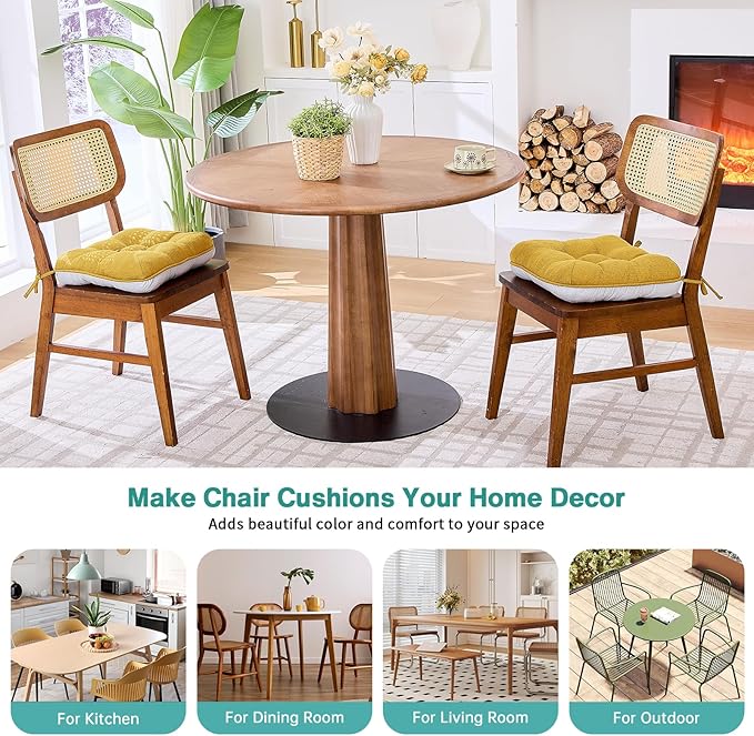 BETU Chair Cushions for Dining Chairs Set of 2,3.5" Thick Kitchen Table Chair Pads with Ties,Non Slip Backing and Covers, Seat Cushion for Dining Room,Bar,Patio Chairs,16"X16"X3.5",Yellow