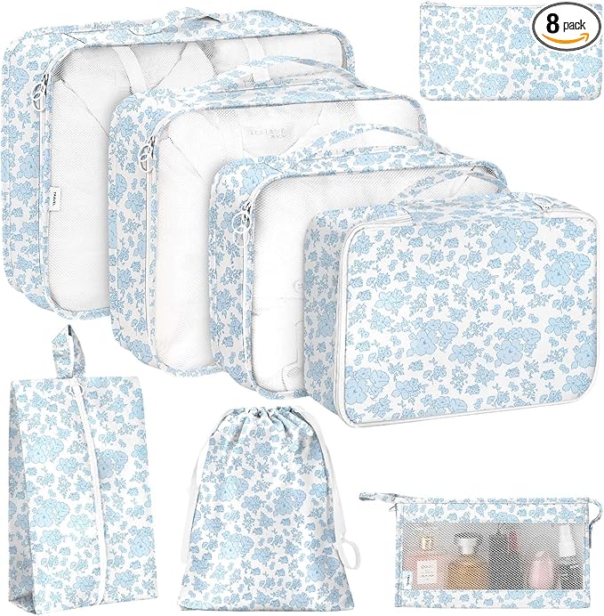 8 Set Packing Cubes for Travel, Luggage Packing Organizers Accessories Large Toiletries Bag for Clothes Shoes Cosmetics (Blue Flower)