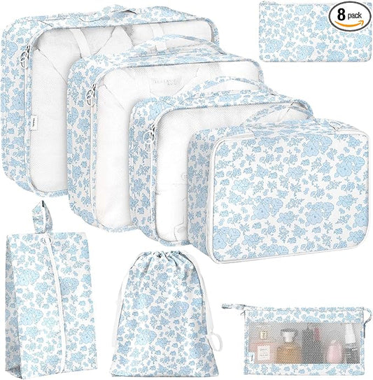 8 Set Packing Cubes for Travel, Luggage Packing Organizers Accessories Large Toiletries Bag for Clothes Shoes Cosmetics (Blue Flower)