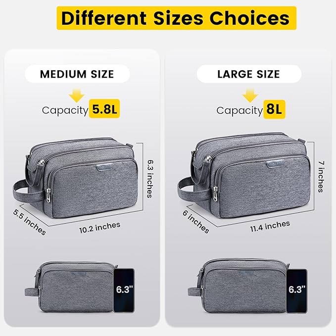 Vorspack Travel Toiletry Bag - Water Resistant Travel Bag for Toiletries, Cosmetics, Accessories, Gifts for Men - Grey
