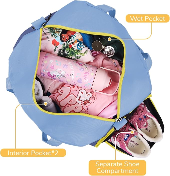 WOOMADA Kids Duffle Bag for Boys or Girls, Kids Overnight Bag with Shoe Compartment＆Wet Pocket, Ideal for School Practice, Sports, Travel(sky blue)