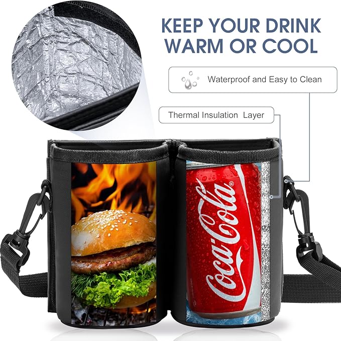 Luggage Cup Holder Travel Drink Bag Luggage Drink Caddy with Shoulder Strap, Thermal Insulation and Zipper Pocket, Travel Accessories Gifts for Flight Attendants, Fits Roll on Suitcase Handles (Black)