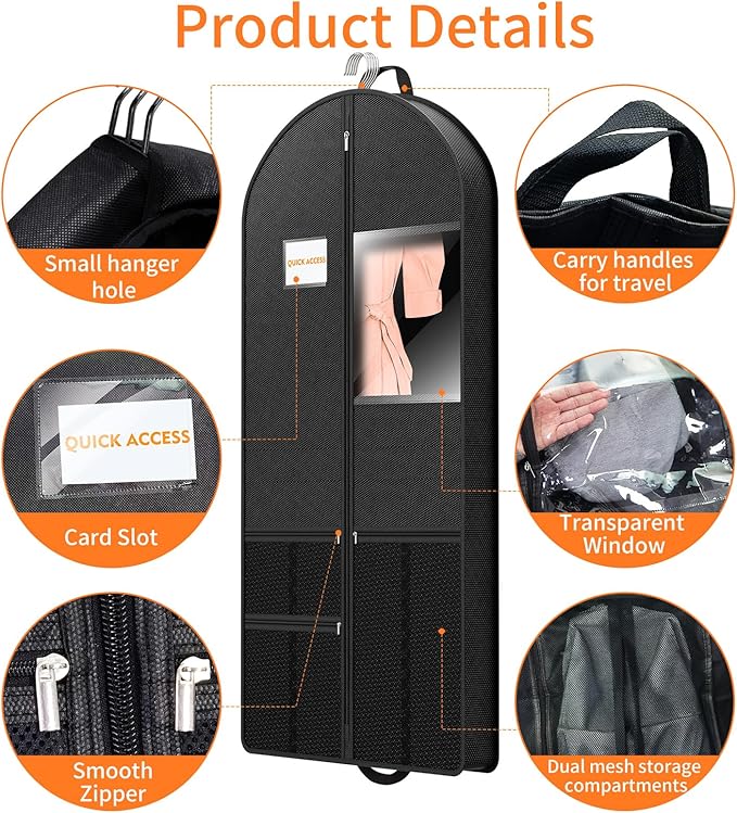 Suit Garment Clothes Travel Bag: 63 inch Lightweight Foldable Black Short Fabric Breathable - Hanging Storage Cover Pockets Zipper for Women - Wardrobe Carry Coat Jacket Uniform Tuxedo Shirt