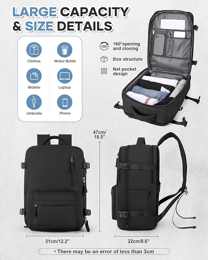 VECAVE Carry On Backpack for Women,Large Travel Backpack Flight Approved,Waterproof 15.6 Inch Laptop Backpack Business Work Backpacks Men Mochila De Viaje Black