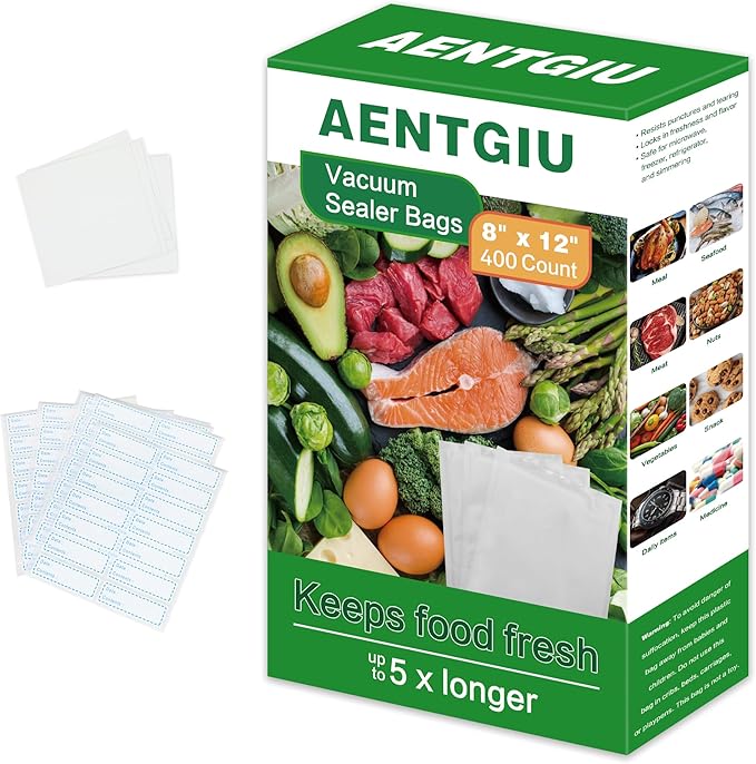 AENTGIU 400 Vacuum Sealer Storage Bags, 8x12 Inch Seal a Meal Bags, BPA Free Quart Bags, Compatible with All Heat Vacuum Sealers Machine, Heavy Duty, Ideal for vac storage, Meal Prep or Sous Vide