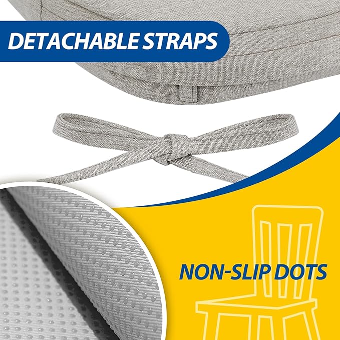 AAAAAcessories D-Shaped Chair Cushions, 2" Thick Dining Chair Pads with Ties and Removable, Machine-Washable Cover, 17" x 16", Set of 4, Khaki Gray
