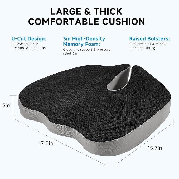 Ergonomic Memory Foam Seat Cushion – Premium Coccyx Support for Tailbone & Lower Back Relief, Contoured U-Shape Design, Non-Slip Base, Washable Cover