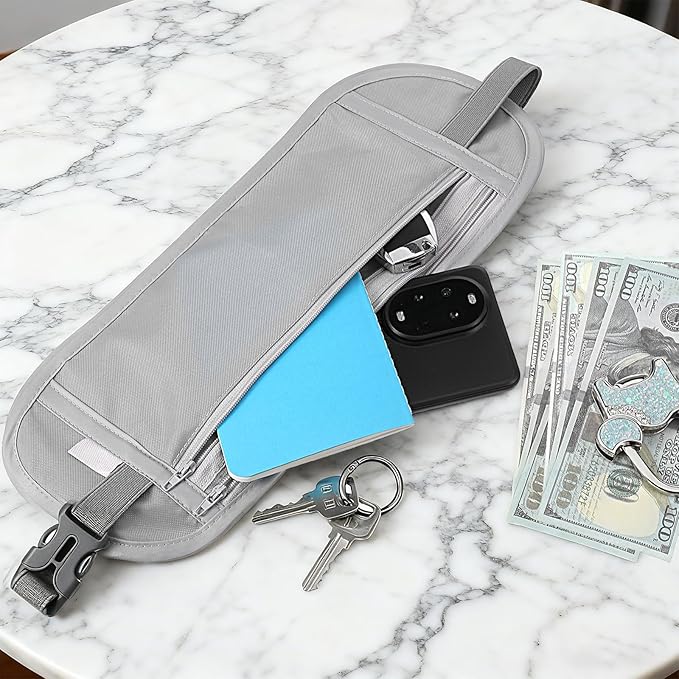 Money Belt for Travel, Slim Passport Holder, Blocking Hidden Waist Pouch for Passport, Cash, Cards, Slim Secure Travel Money Belt Bag for Men and Women (Gray)