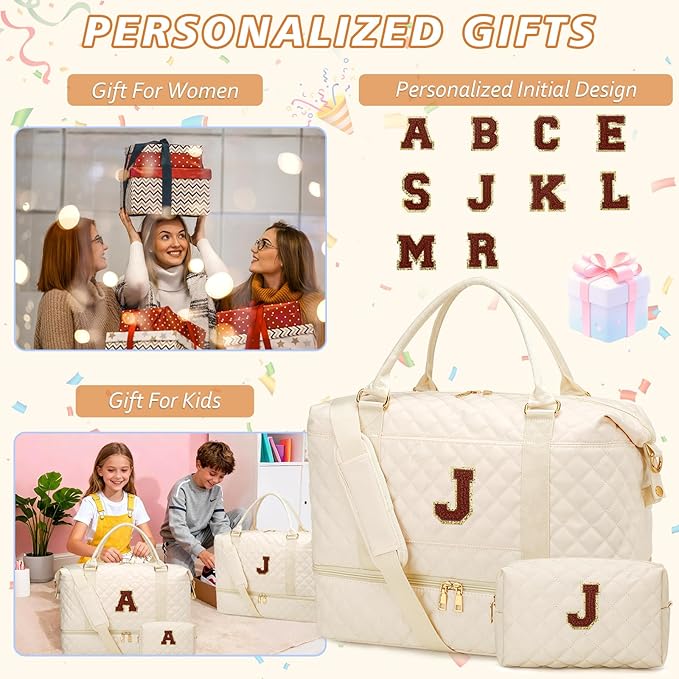Gift for Women Initial Travel Duffle Bag Quilted Weekender Bags Carry-On Overnight with Cosmetic Bag, Gym Bag with Shoe Compartment Hospital Bag for Women Labor Delivery, Beige-J