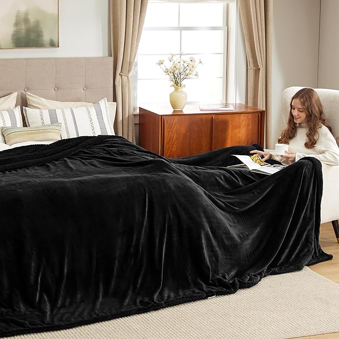 Bedsure GentleSoft Sherpa Fleece Oversized Cal King Blankets for Bed - Thick and Warm Throw for Women and Men, Soft Fuzzy Plush Large Blanket for Winter, Non-Heated, Black, 112x98 Inches