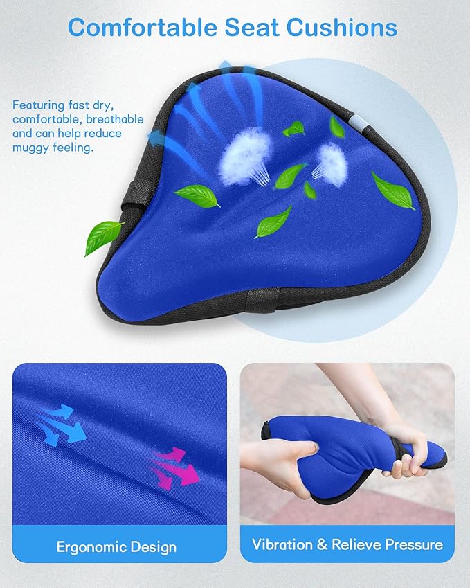 Bike Seat Cushion, Gel Bike Seat Cover, Bicycle Seat Cushion Covers for Women Men Comfort Compatible, Suitable for Outdoor and Indoor (11x10 inch)-Blue