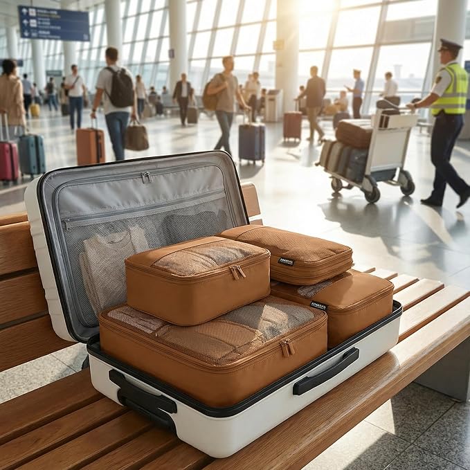 4 Piece Compression Packing Cubes for 3–7 Day Travel, Lightweight Travel Organizers with Breathable Mesh, Double-Zipper Packing Cubes for Carry-On & Suitcases (Light Brown)