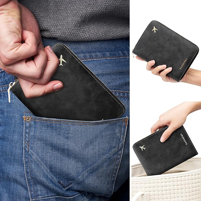 defway Passport Holder Travel Wallet - RFID Passport Holder, Zip Closure Card Cover, PU Leather Travel Wallet, RFID Blocking Secure Document Organizer Travel Essentials (Black)