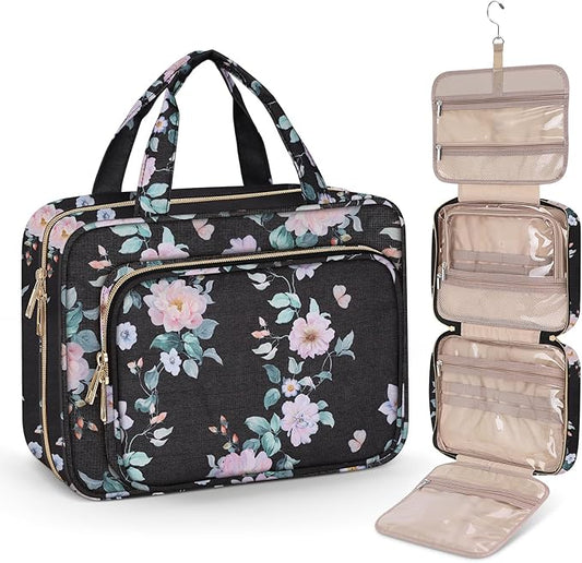 Wedama Toiletry Bag for Women, Large Cosmetic Travel Bag, Hanging Toiletry Bag for Bathroom, PVC Waterproof Makeup Bag, Toiletries Bag for Travel Business Trips and Camping, Black+Pink Floral