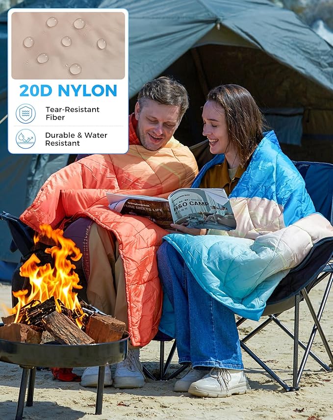 ingCamp Ultralight Camping Blanket, Packable Down Alternative Puffy Printed Wearable Blanket with Snap Buttons & Corner Loops Weatherproof Quilt for Outdoor Travel Stadium (78.7" x 57.1", Cyan/Orange)