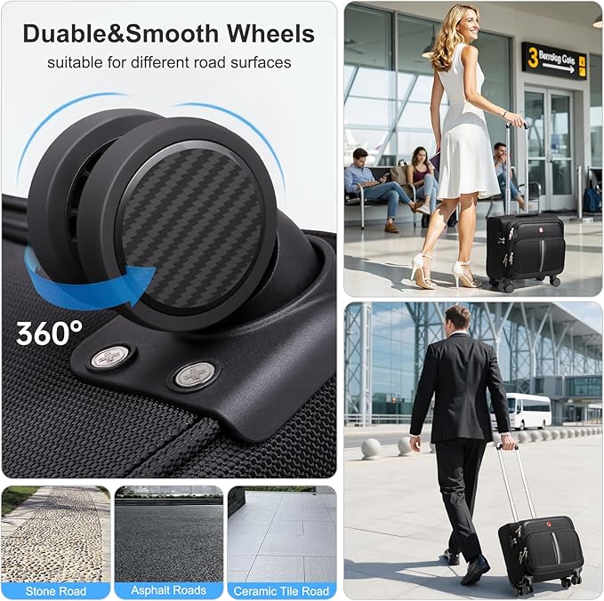 Underseat Carry-On Luggage Lightweight Rolling Tote Bag with 4 Spinner Wheels (Black, 16-Inch)