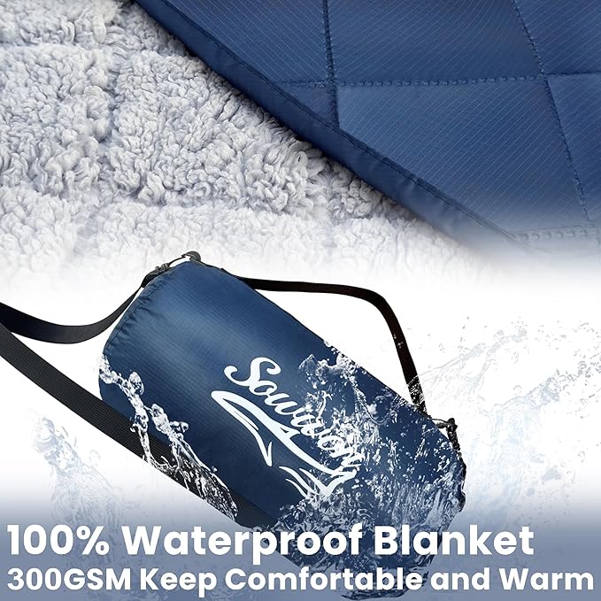 Waterproof Outdoor Blanket 82”X 55” Packable, Stadium Blankets for Camping with Sherpa Fleece Lining, Large Windproof Emergency Mat for Garss Picnic Hiking Road Trip, Machine Washable, Navy 300GSM
