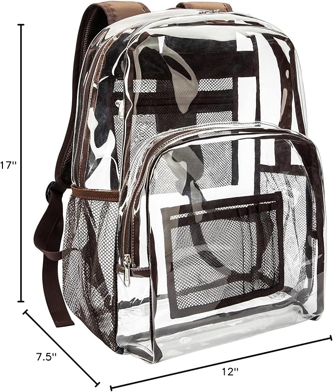 Vorspack Clear Backpack Heavy Duty PVC Transparent Backpack with Reinforced Strap Stitches & Large Capacity for College Workplace Security - Coffee