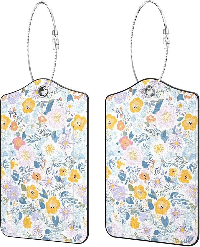 2 Pack PU Leather Luggage Tags for Suitcases, Privacy Protection Cover with Stainless Steel Loop and Address Card, Travel Cruise Essentials (Yellow Pink Flower)