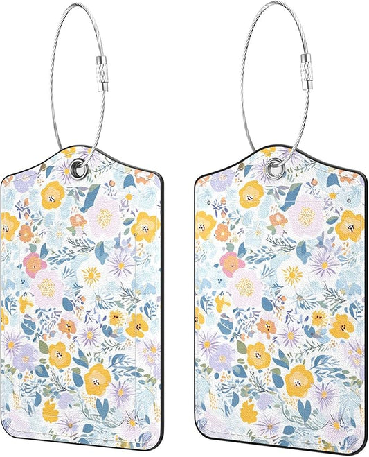 2 Pack PU Leather Luggage Tags for Suitcases, Privacy Protection Cover with Stainless Steel Loop and Address Card, Travel Cruise Essentials (Yellow Pink Flower)