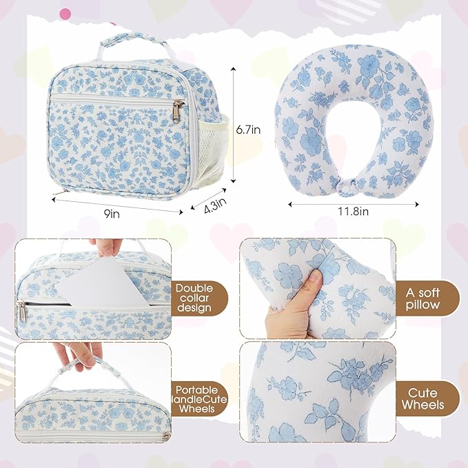 Redbaker 18 Inch 6 Pcs Kids Luggage Set Kids Rolling Luggage Double Pattern Suitcase for Boys Girls Gifts(Light Blue, Flower Style)
