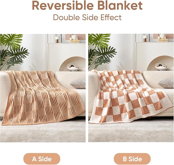 Snuggle Sac Checkered Orange Throw Blanket for Fall,Super Soft Reversible Cozy Warm Blanket for Couch Sofa Bedroom,Cute Lightweight Striped Throws for Women,Heather Orange,50x60 inches