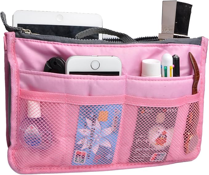 Vercord Purse Organizer Insert for Handbags Bag Organizers Inside Tote Pocketbook Women Nurse Nylon 13 Pockets Pink Medium