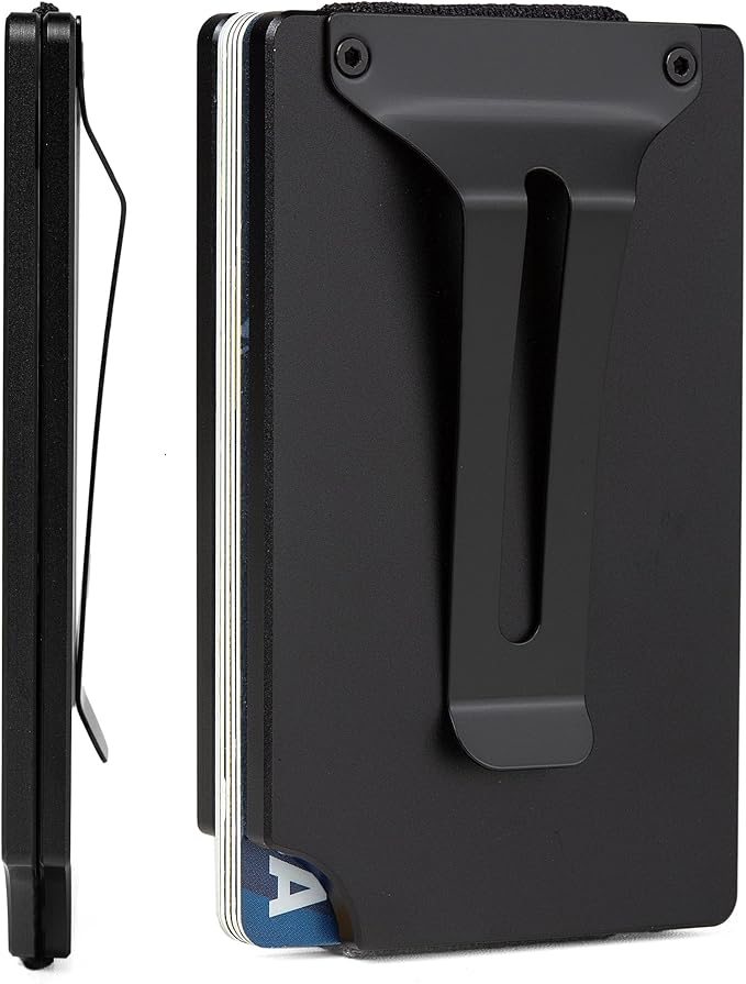 Minimalist Carbon Fiber Wallet for Men, Money Clip Cash Strap Wallet, RFID Blocking Metal Wallet Aluminum Card Holder,Front Pocket Wallet(Matte Black)