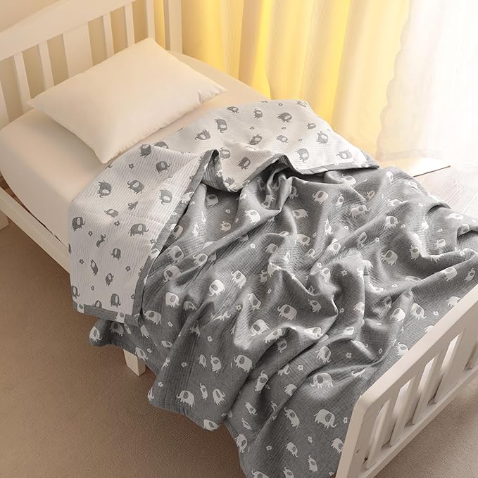 NTBAY 3 Layer Oversized Muslin Cotton Toddler Blanket, Jacquard Reversible Nursery Bed Blanket, Super Soft and Thermal for All Seasons, Baby Gift, 45"x60", Dark Grey Elephant