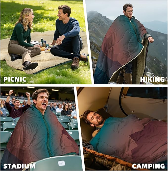 Outdoor Camping Blanket - Puffy Camping Blanket Packable,Sherpa Fleece Warm Blanket for Camping, Outdoors, Travel, Stadium, Festivals, Beach, Hammock 56"x 78" Machine Washable, DWR, Lightweight