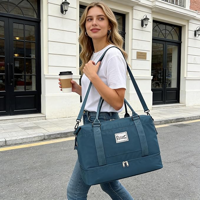 Travel Duffel Bag, Personal Item Travel Bag, Weekender Bag with Shoe Compartment & Wet Pocket, Lightweight Carry On Overnight Tote for Travel, Gym, Weekend Getaway (Peacock Blue)