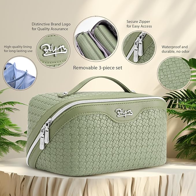 BOYATU Travel Makeup Bag Cosmetic Bags for Women: Large Capacity 3 Pcs Set Make up Bag with Compartments - Waterproof Vegan Leather Toiletry Organizer Bags with Handle (L51Grass Green)