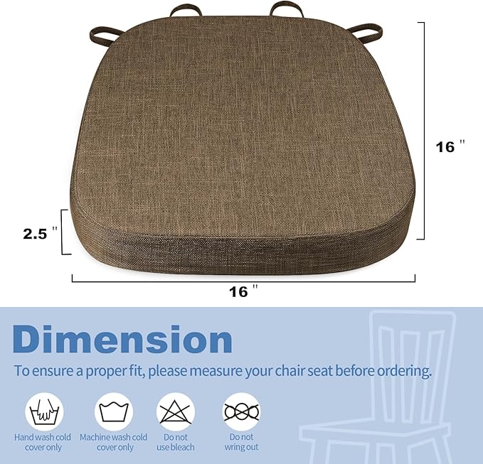 BUYUE Thickened 2.5" Friendly Woven Fabric Dining Chair Cushion, U-Shape High Density Foam Comfortable Chair Pad for Kitchen, Slip Resistant Indoor Seat Cushion (1 Piece, Brown)