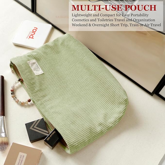 HAPPYHEIDI Fresh Green Corduroy Makeup Bag with Compartment Cosmetic Toiletry Travel Pouch, Make Up Accessory Purse Organizer, Canvas Lined