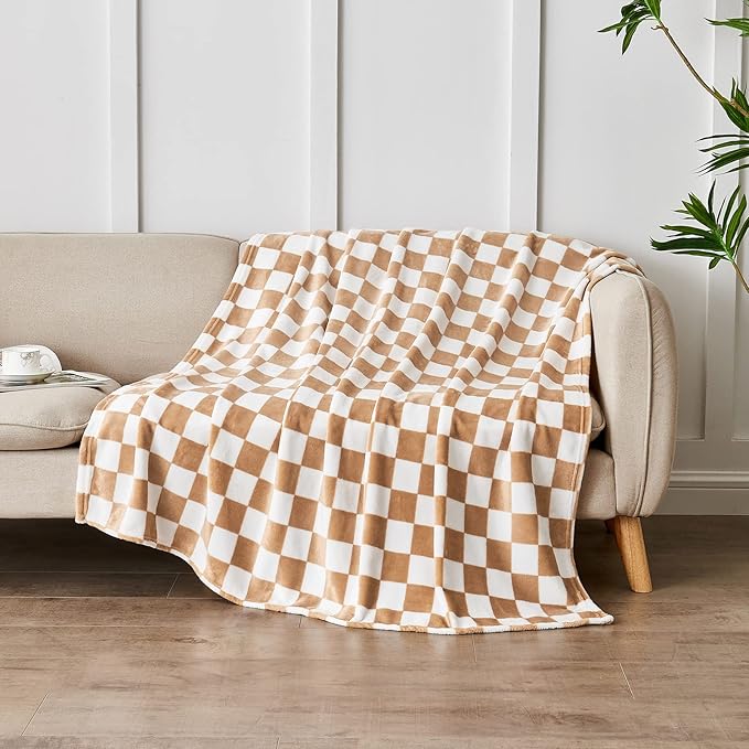 Checkered Blanket Flannel Throw Blankets Soft Cozy Checkered Grid Print Chessboard Gingham Pattern Throws for Bed Sofa Couch for All Seasons, 60x80 Inch, Blonde