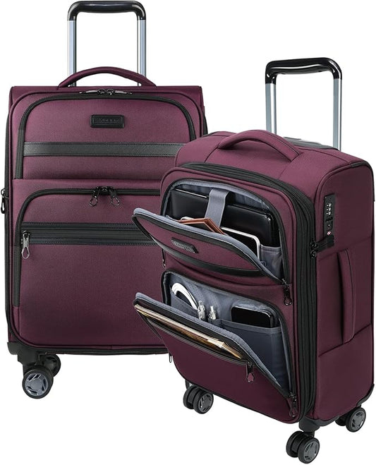 KROSER Softside Expandable Carry On Luggage with Front Business Pockets，20 Inch Suitcases with Spinner Wheels & Built-in TSA Lock, Durable Suitcase Rolling Luggage with USB Port, Burgundy