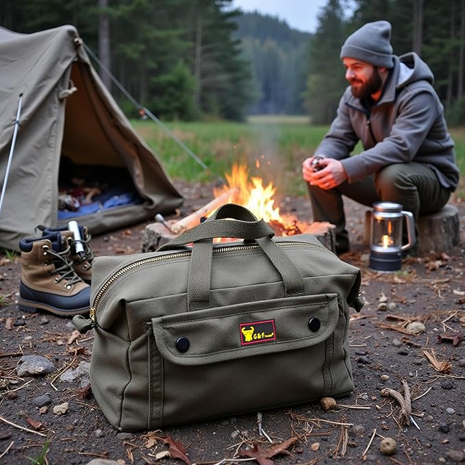 Waxed Canvas All Purpose Military Style Duffle Bag, Water-Resistant, Adjustable Strap, Fully Lined, Double Zipper Closure, heavy Duty, Olive Green