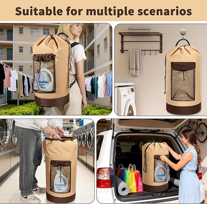 150L Laundry Bag Backpack with 3 Sizes Mesh Wash Bags and Shoulder Straps Foldable Clothes Hamper Bag with Drawstring Closure for College, Apartment, Laundromat (Tan)
