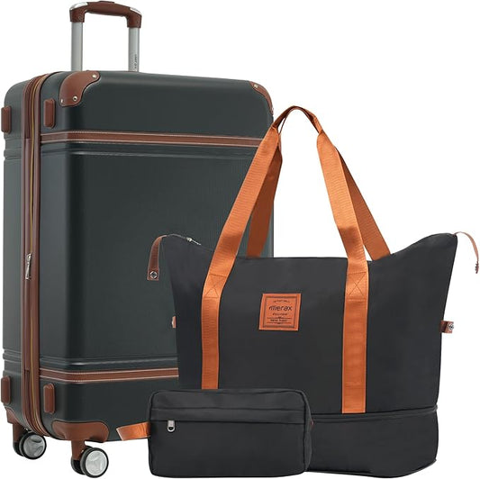 Merax 28 Inch Checked Luggage, Expandable Suitcase with Spinner Wheels, Hard Shell Vintage Luggage Set with TSA Lock(Black)